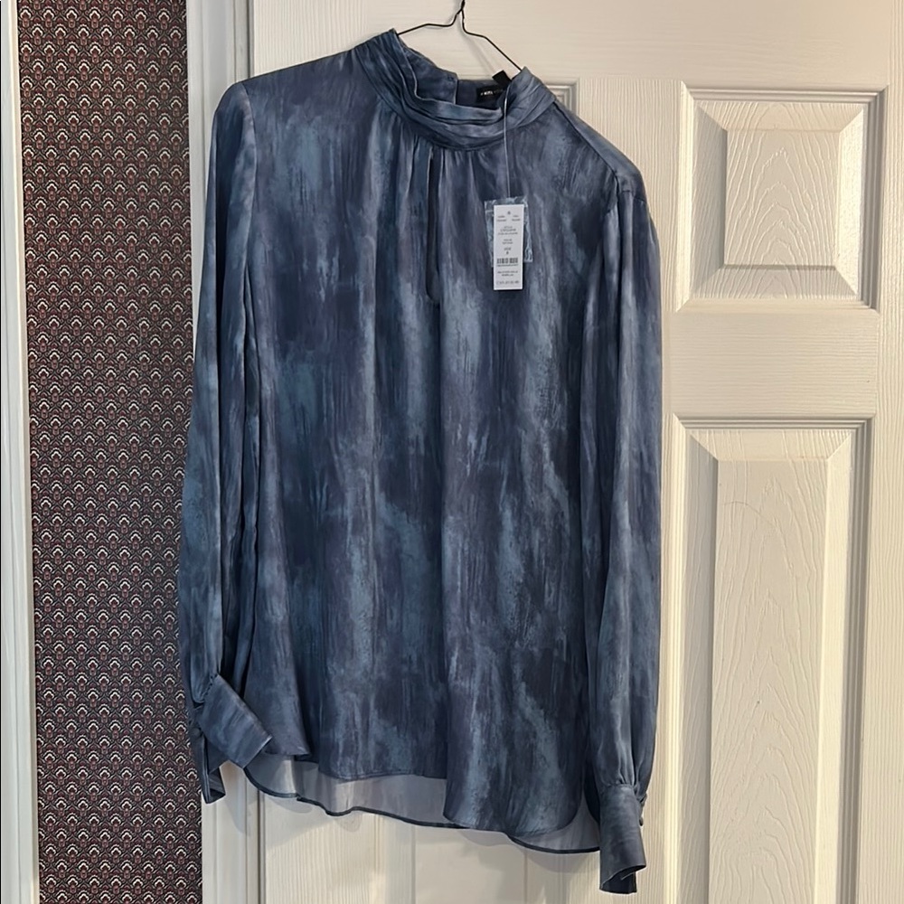 White House Black Market Women's Slate Blue Tie-Dye Satin Blouse